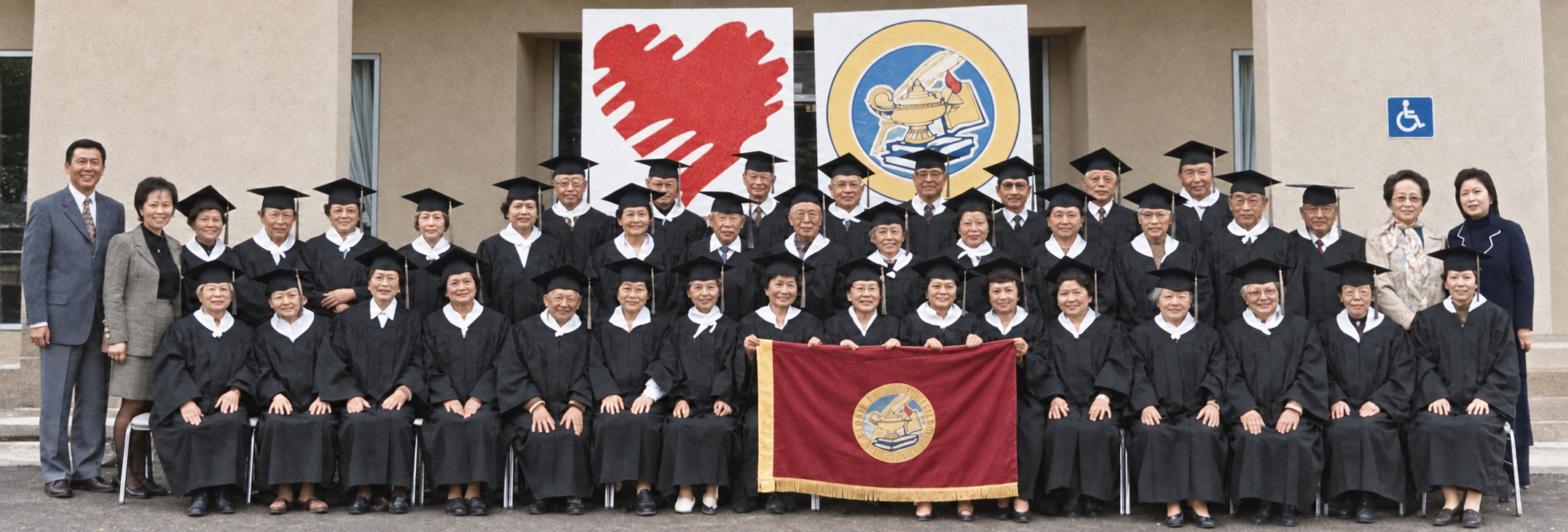 Restored color group photograph of the first graduating class of SunnyDay Elderly Community College